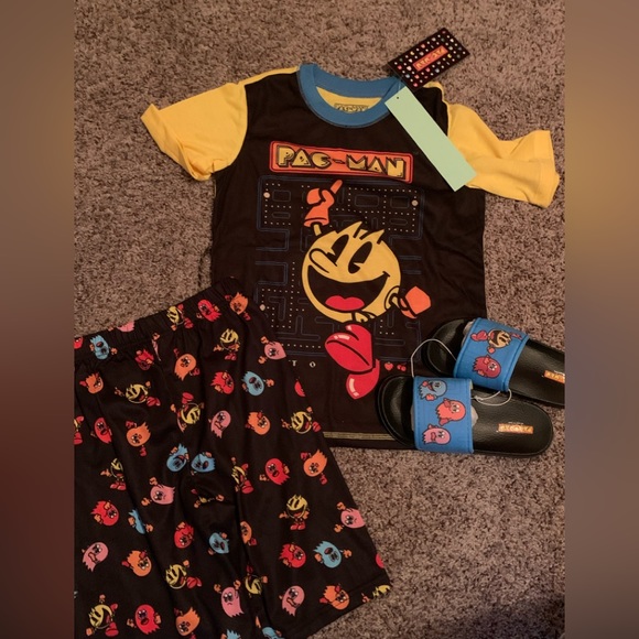Pac-Man Pajama PJ set with slide sandals New! Kids Boys size 8 - Picture 1 of 6
